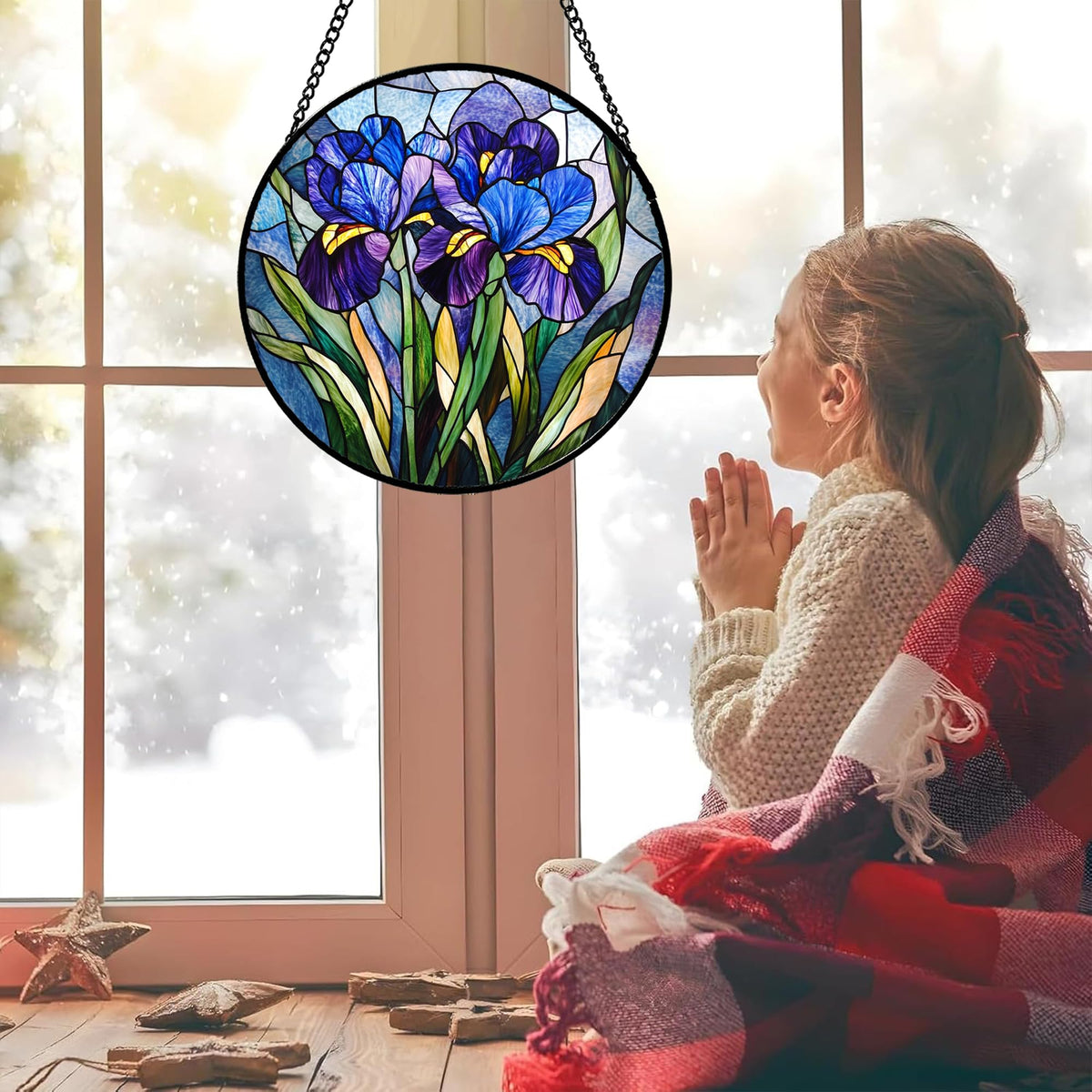 CRISGIF iris suncatcher highlights blue purple hues when sunlight streams through.