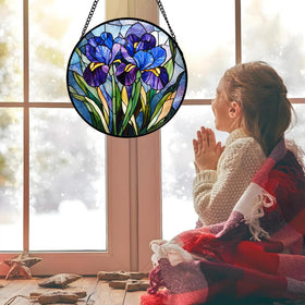CRISGIF iris suncatcher highlights blue purple hues when sunlight streams through.