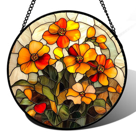 CRISGIF orange marigolds stained glass window suncatcher brightens sunny windows.