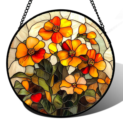 CRISGIF orange marigolds stained glass window suncatcher brightens sunny windows.