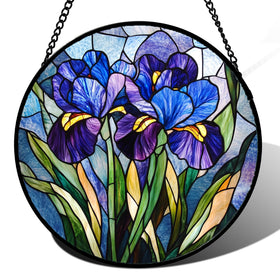 CRISGIF stained glass window hanging with blue purple iris adds vibrant color to windows.