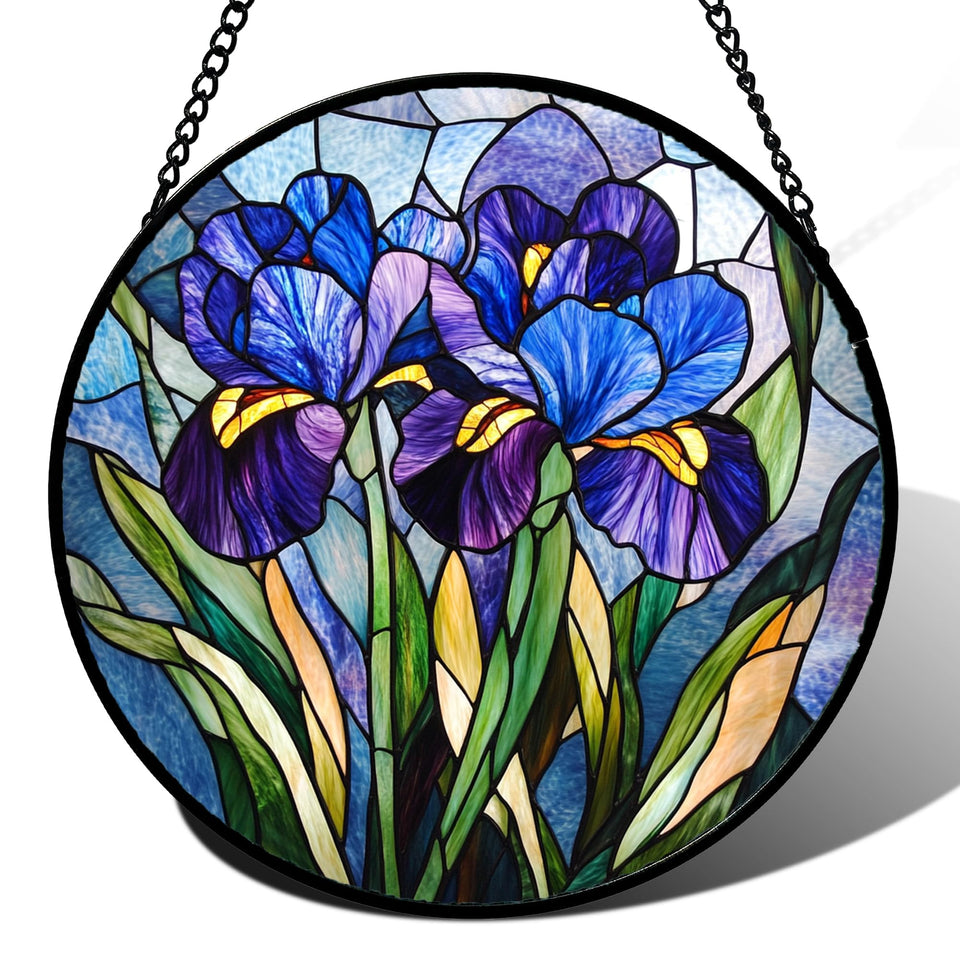 CRISGIF stained glass window hanging with blue purple iris adds vibrant color to windows.