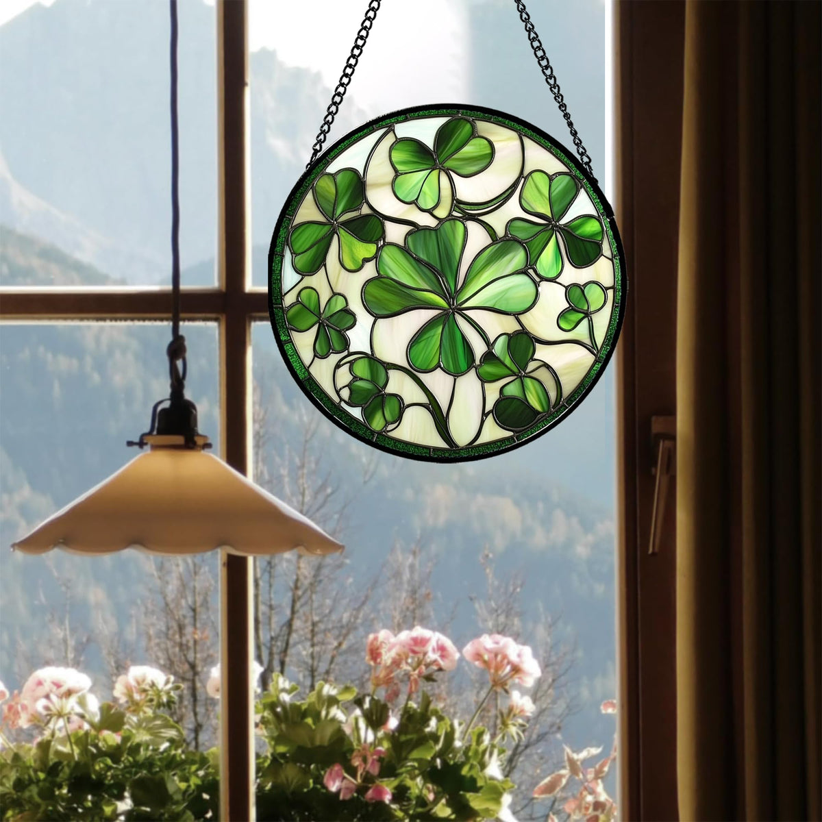 CRISGIF Ireland green lucky clover light play highlighting vibrant hues through stained glass.