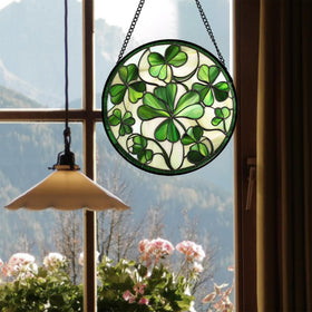 CRISGIF Ireland green lucky clover light play highlighting vibrant hues through stained glass.