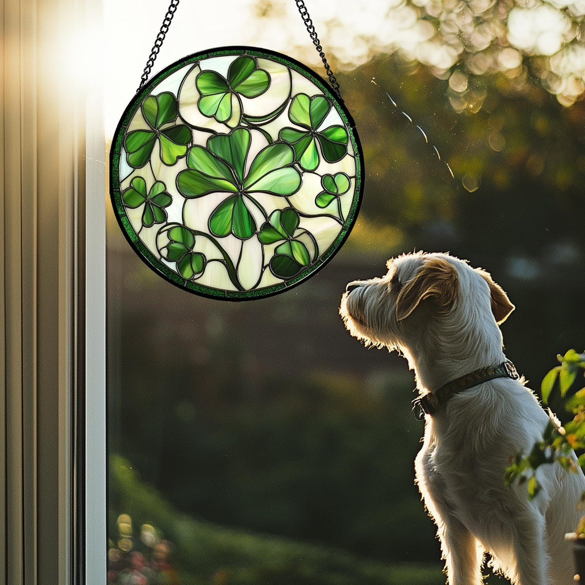 CRISGIF Ireland green lucky clover suncatcher decor enhances kitchen or living room windows with color.