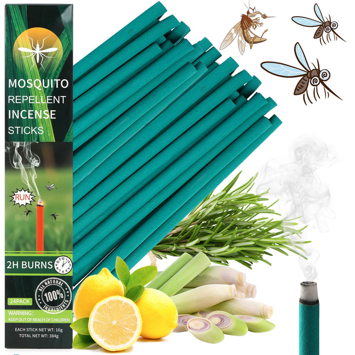 Crobirware 24-pack mosquito incense sticks lit for outdoor protection.