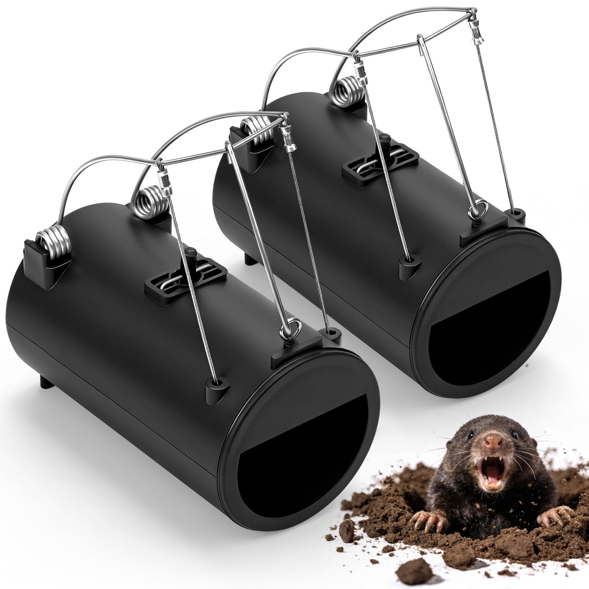Crobirware Gopher Trap 2 Pack shows easy-setup in tunnel for quick lawn relief.