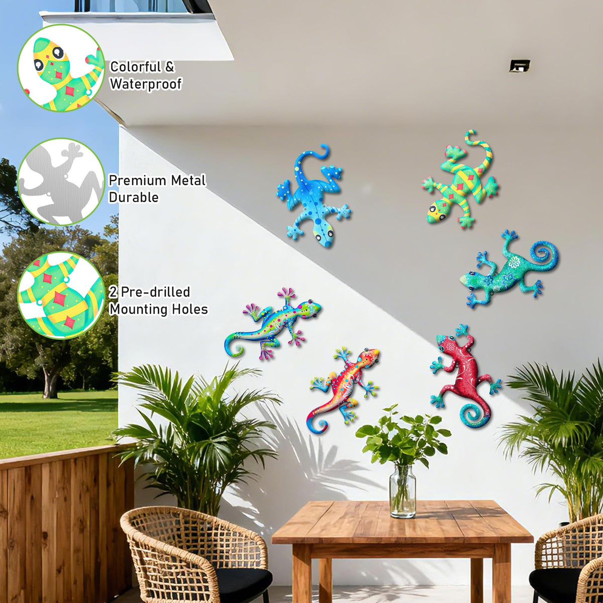 Crobirware gecko wall art on fence shows three styles for outdoor display