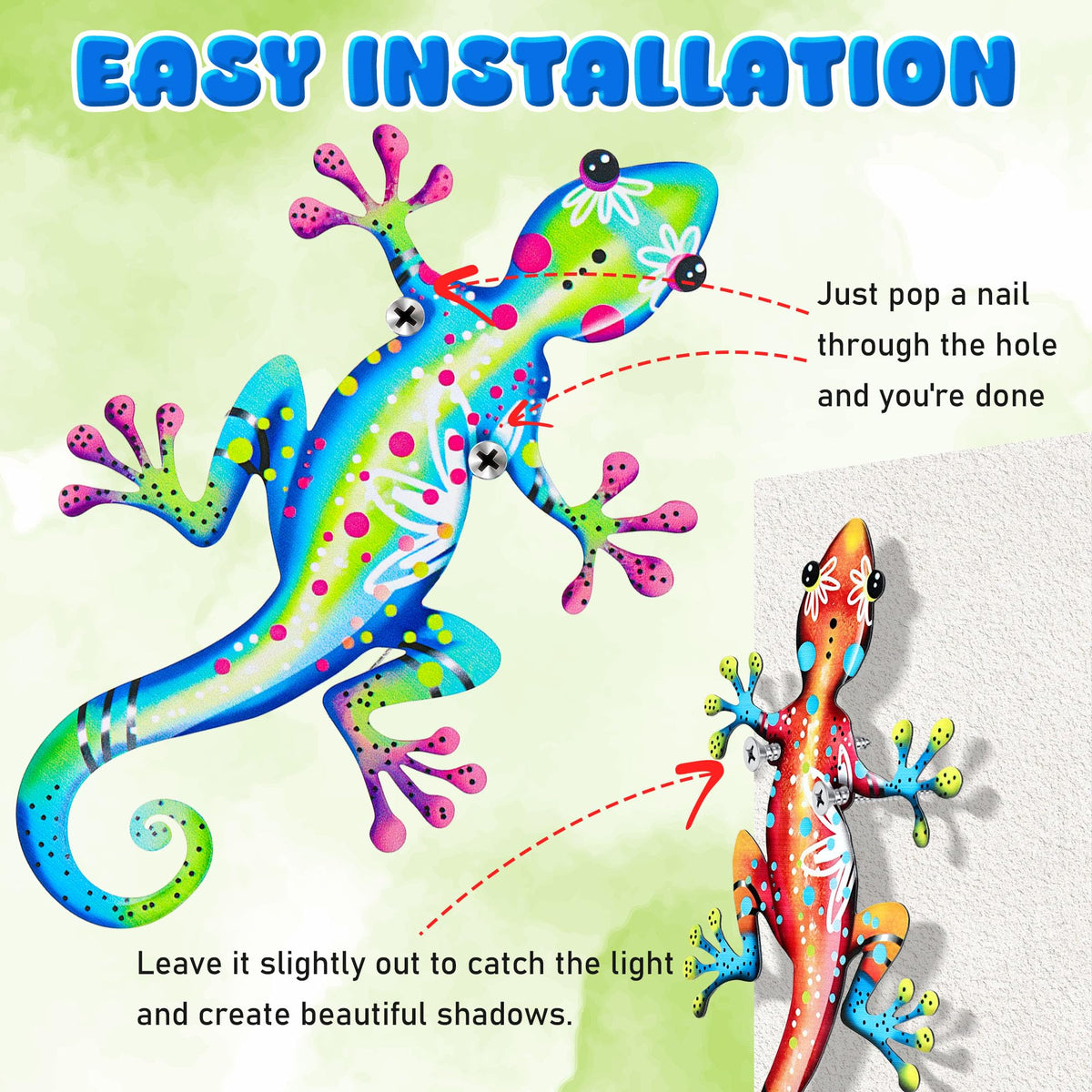 Pre-drilled holes enable quick wall mounting on each gecko piece