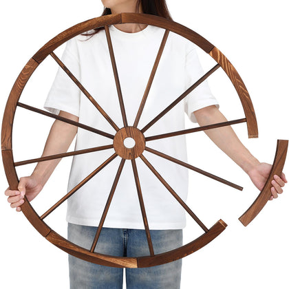 CroBlissful 30-inch detachable wooden wagon wheel ready for display and storage.