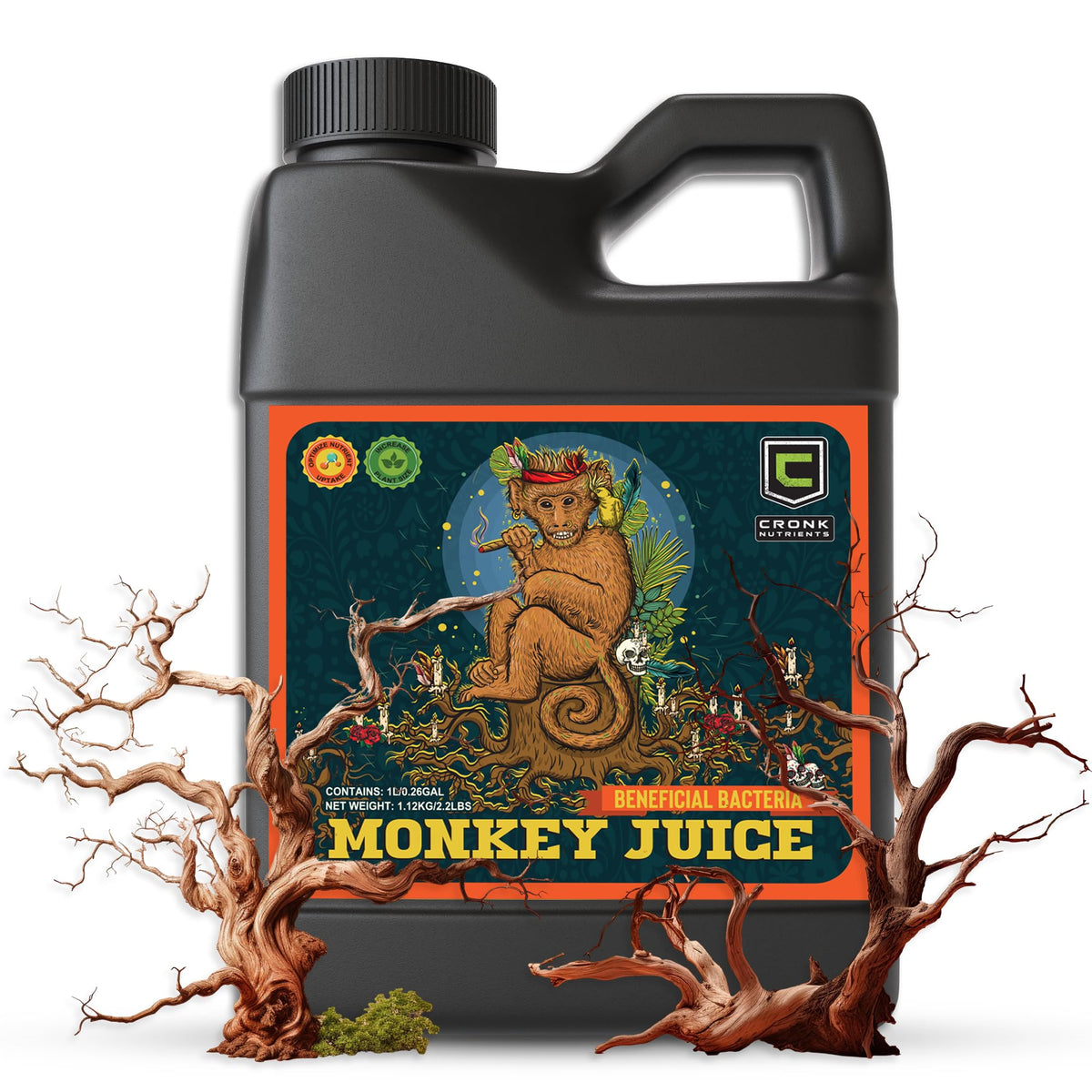 Cronk Nutrients Monkey Juice bottle for organic root inoculation improves soil biology.