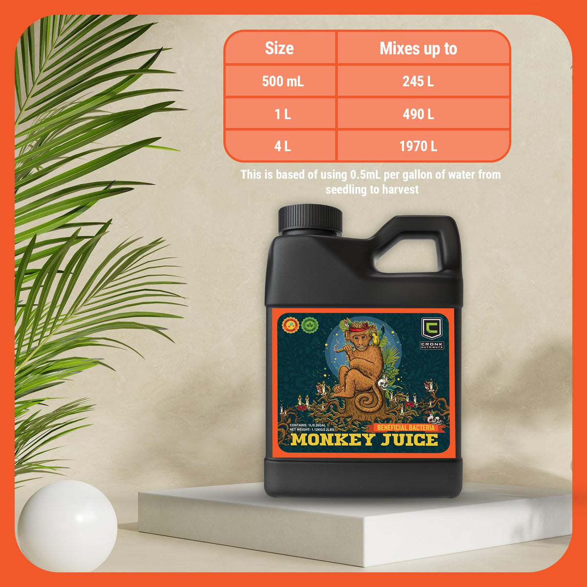 Cronk Nutrients Monkey Juice measuring cup shows precise weekly dosage.