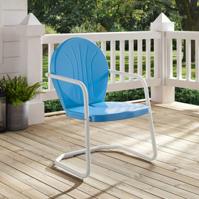 Crosley Griffith sky blue finish complements outdoor dining setups.