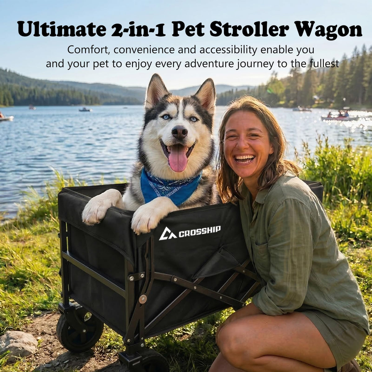 CROSSHIP folding pet wagon with wide all-terrain wheels on grass