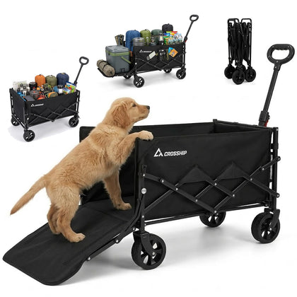 CROSSHIP folding pet wagon on a beach with a calm dog enjoying the ride