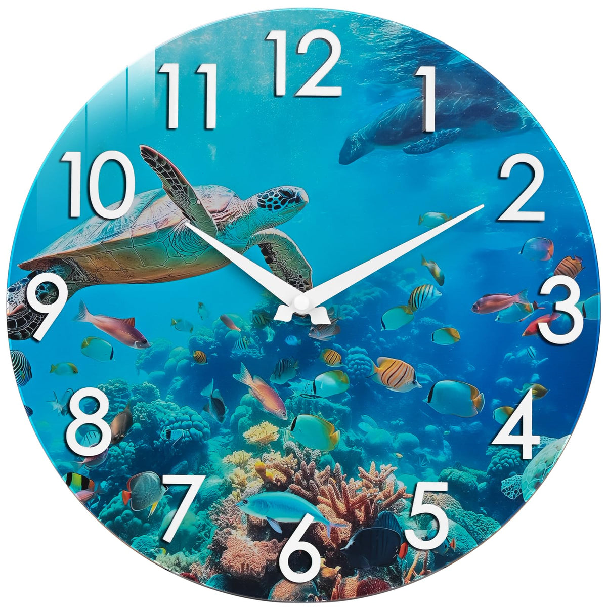 Crosstime 14-inch outdoor clock featuring sea turtle underwater scene for patio ambience.
