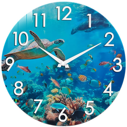 Crosstime 14-inch outdoor clock featuring sea turtle underwater scene for patio ambience.