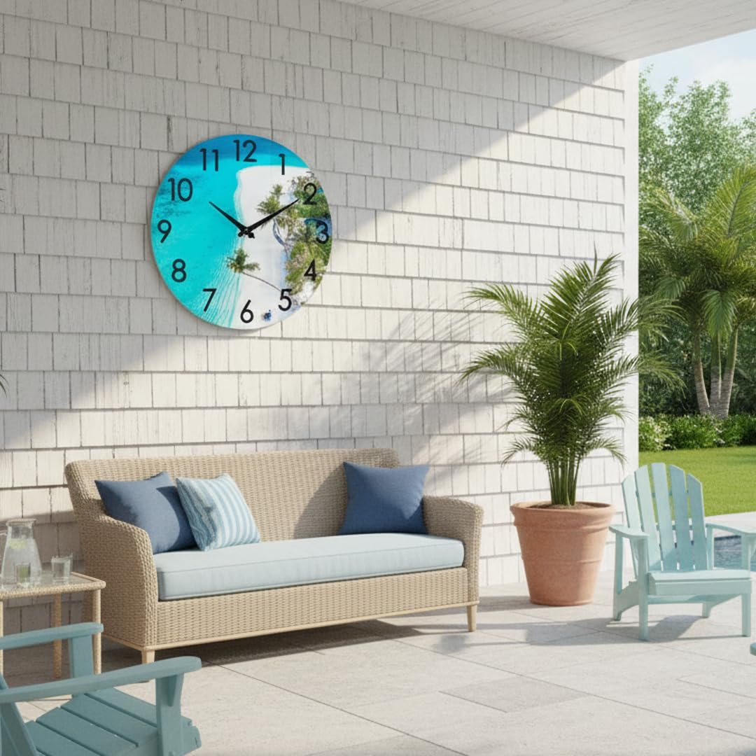 Crosstime outdoor clock blue beach theme enhances coastal patio decor.