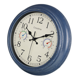 Crosstime outdoor clock with blue dial, easy-to-read time from afar for patios.