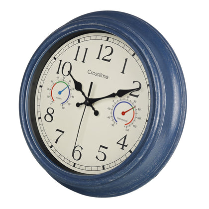 Crosstime outdoor clock with blue dial, easy-to-read time from afar for patios.