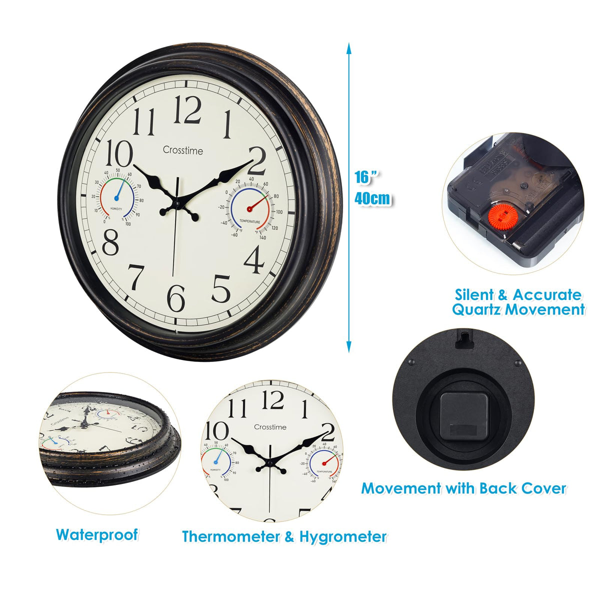 Crosstime outdoor clock waterproof back cover protects inner components in rain.