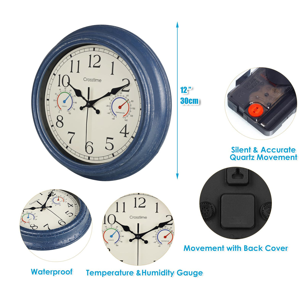 Crosstime waterproof clock with sealed dial and protective back cover for durability.