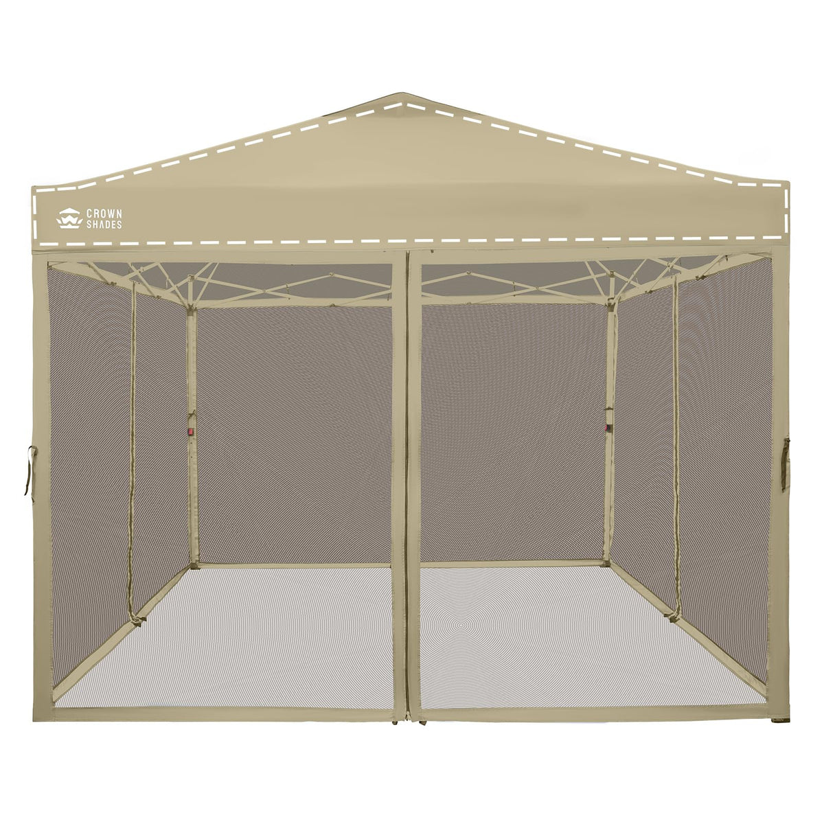 Crown Shades gazebo mosquito net over 10x10 setup keeps insects out during outdoor meals.