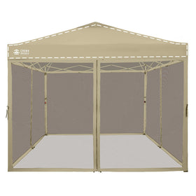 Crown Shades gazebo mosquito net over 10x10 setup keeps insects out during outdoor meals.