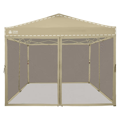Crown Shades gazebo mosquito net over 10x10 setup keeps insects out during outdoor meals.