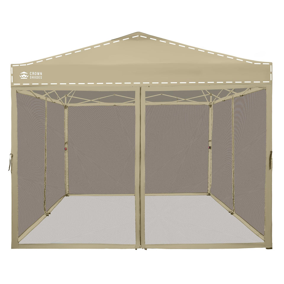 Crown Shades gazebo mosquito net over 10x10 setup keeps insects out during outdoor meals.