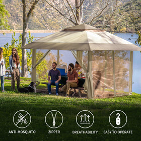 Crown Shades net bottom stakes keep the 10x10 shelter stable.