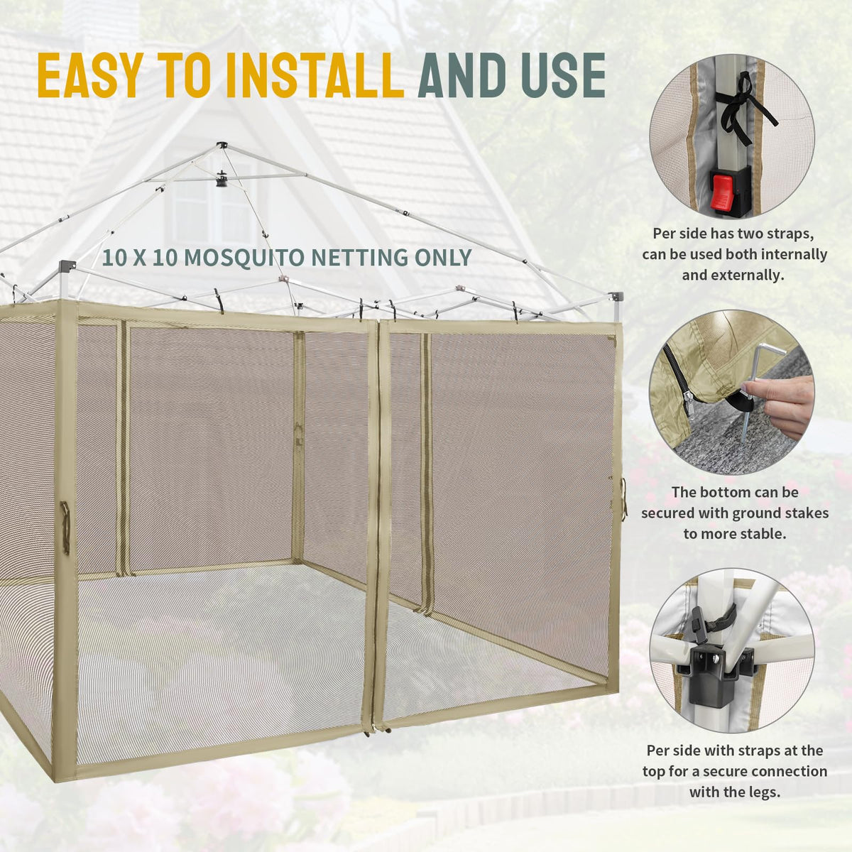 Crown Shades net with side hooks and straps for secure gazebo installation.