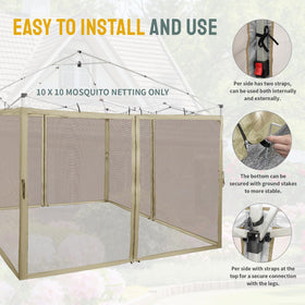 Crown Shades net with side hooks and straps for secure gazebo installation.