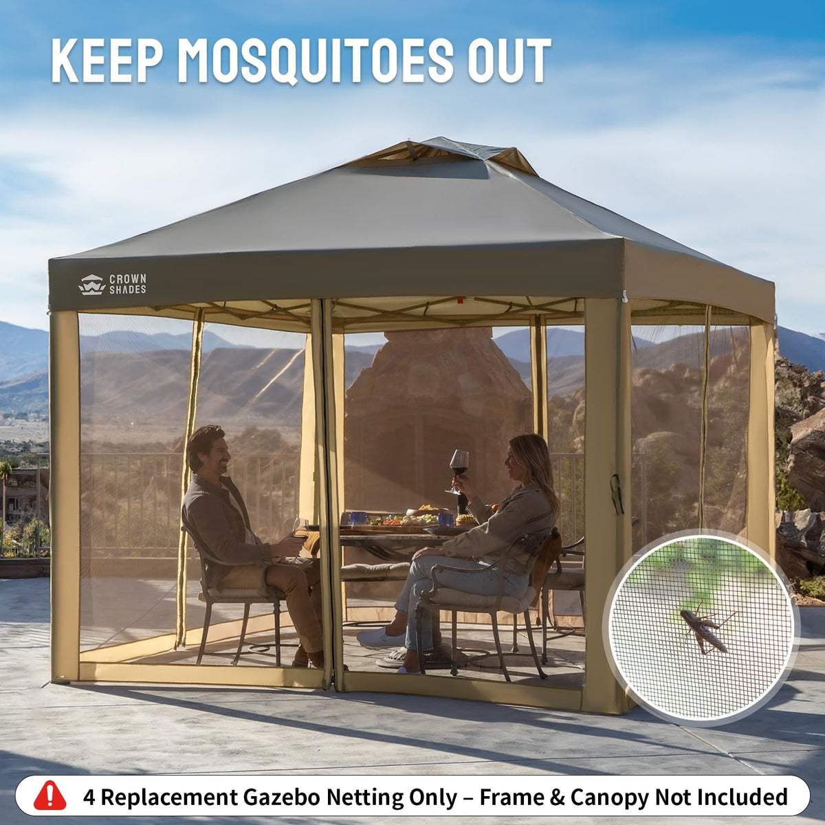 Crown Shades net zippered entry for easy access while enjoying the outdoors.