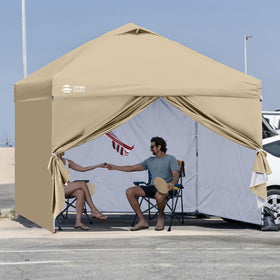 Crown Shades sidewall beige fit-10x10 pop-up demonstrates versatile canopy extension