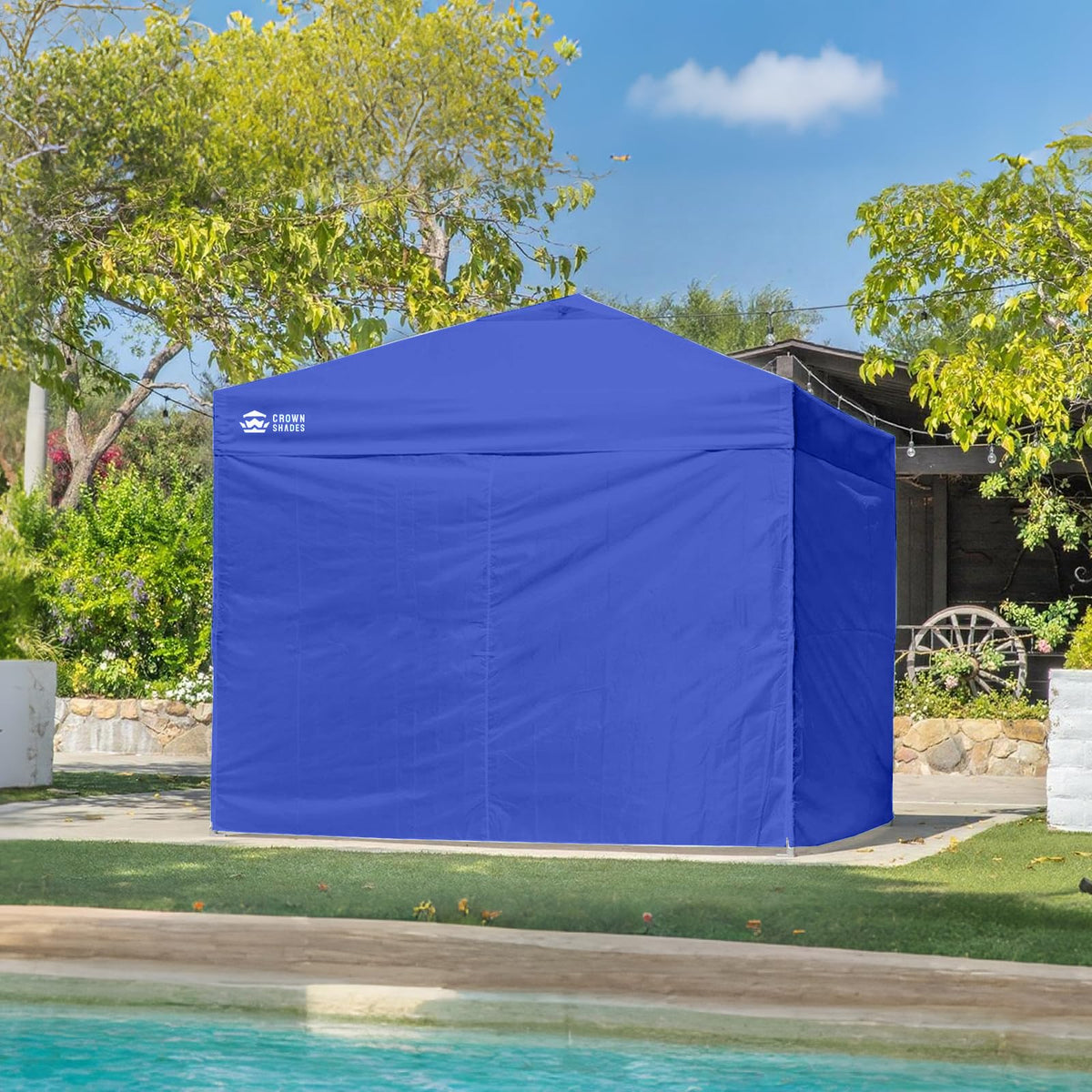 CROWN SHADES 10x10 canopy fit shown with sidewalls installed.
