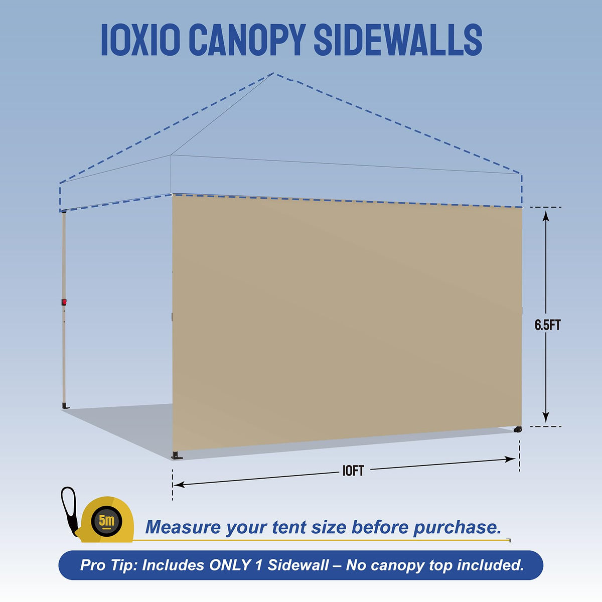 CROWN SHADES SunWall sidewall shows 6.5x10 ft dimensions for 10x10 canopies.