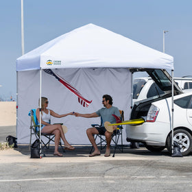 Crown Shades SunWall compatibility with 8x8 canopies enables flexible use.