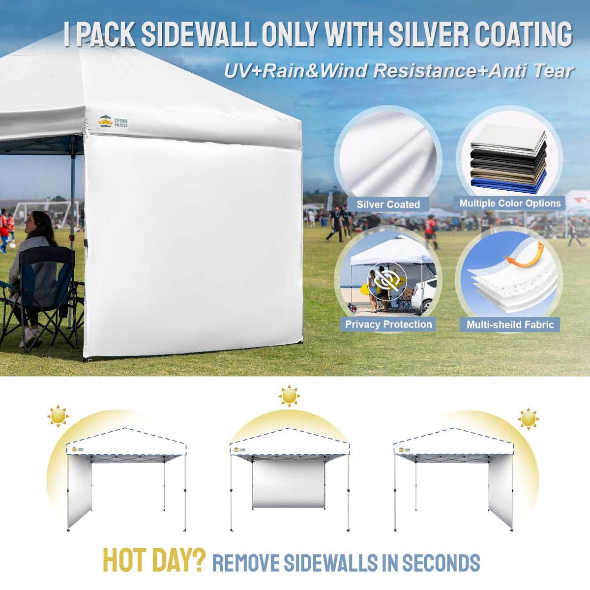 Crown Shades SunWall packaged sidewall suggests portable shade solution.