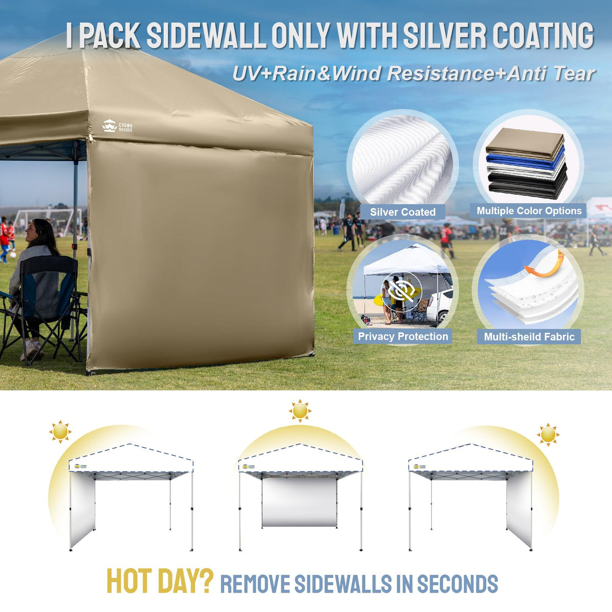 CROWN SHADES SunWall waterproof silver coating close-up.