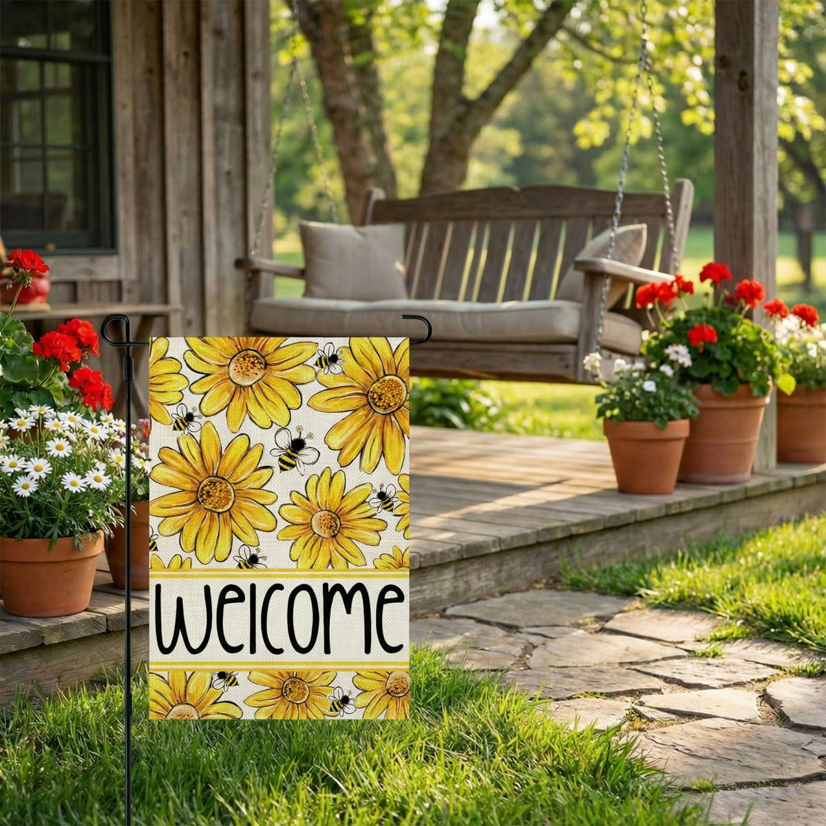 CROWNED BEAUTY bees on flowers motif highlights garden charm for porches