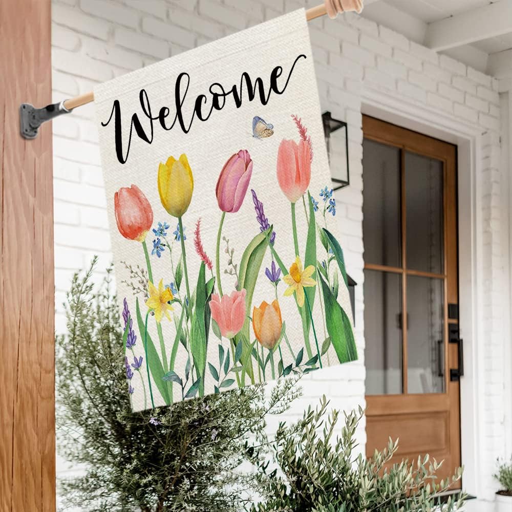 CROWNED BEAUTY burlap-look outdoor flag made of durable spun polyester.