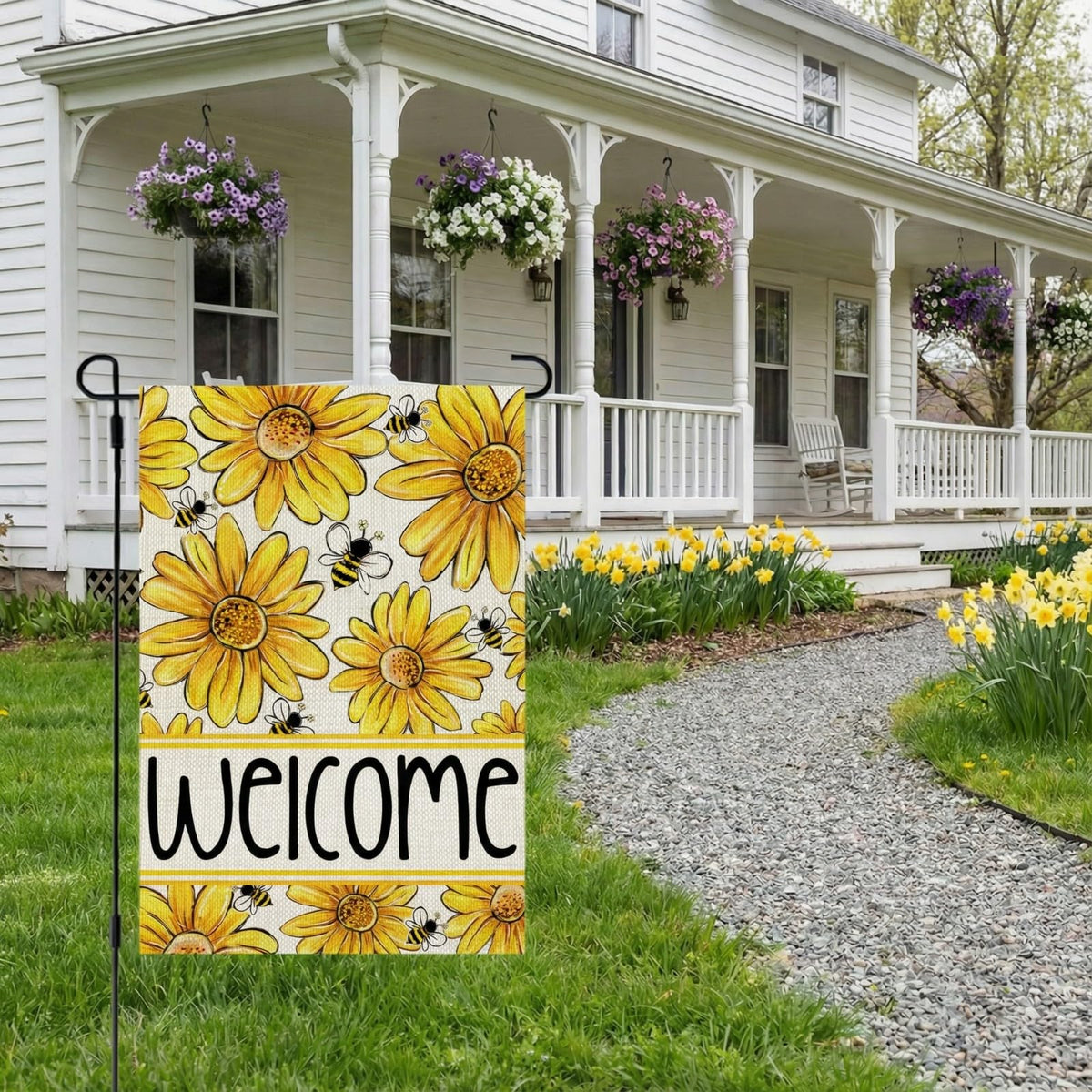 CROWNED BEAUTY Daisy Bee flag back view showing double-sided design for visibility