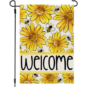CROWNED BEAUTY Daisy Bee flag front view displays vibrant spring colors for outdoor display