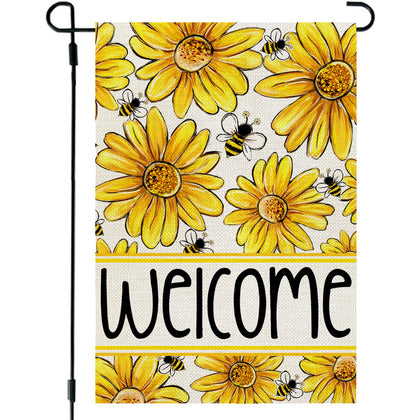 CROWNED BEAUTY Daisy Bee flag front view displays vibrant spring colors for outdoor display