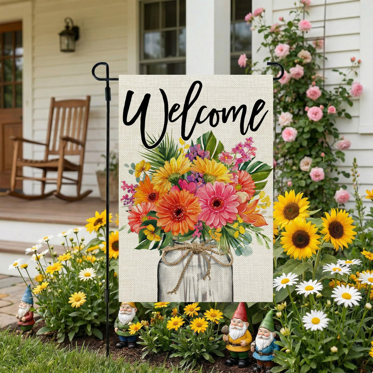 CROWNED BEAUTY double-sided outdoor flag visible from both sides.