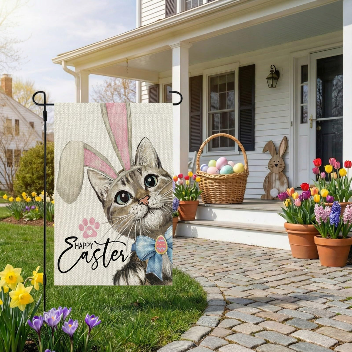 CROWNED BEAUTY Easter cat flag with bunny ears design enhances yard decor.