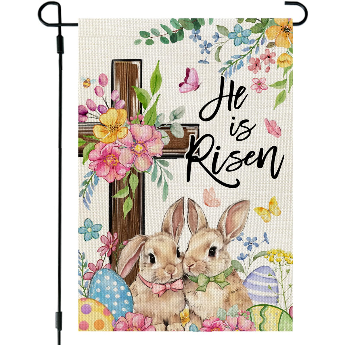 CROWNED BEAUTY Easter flag with bunnies design enhances outdoor decor for welcoming guests.