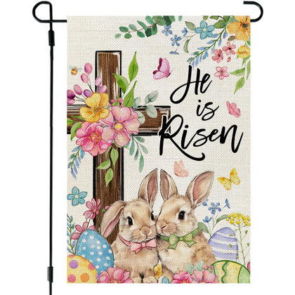 CROWNED BEAUTY Easter flag with bunnies design enhances outdoor decor for welcoming guests.