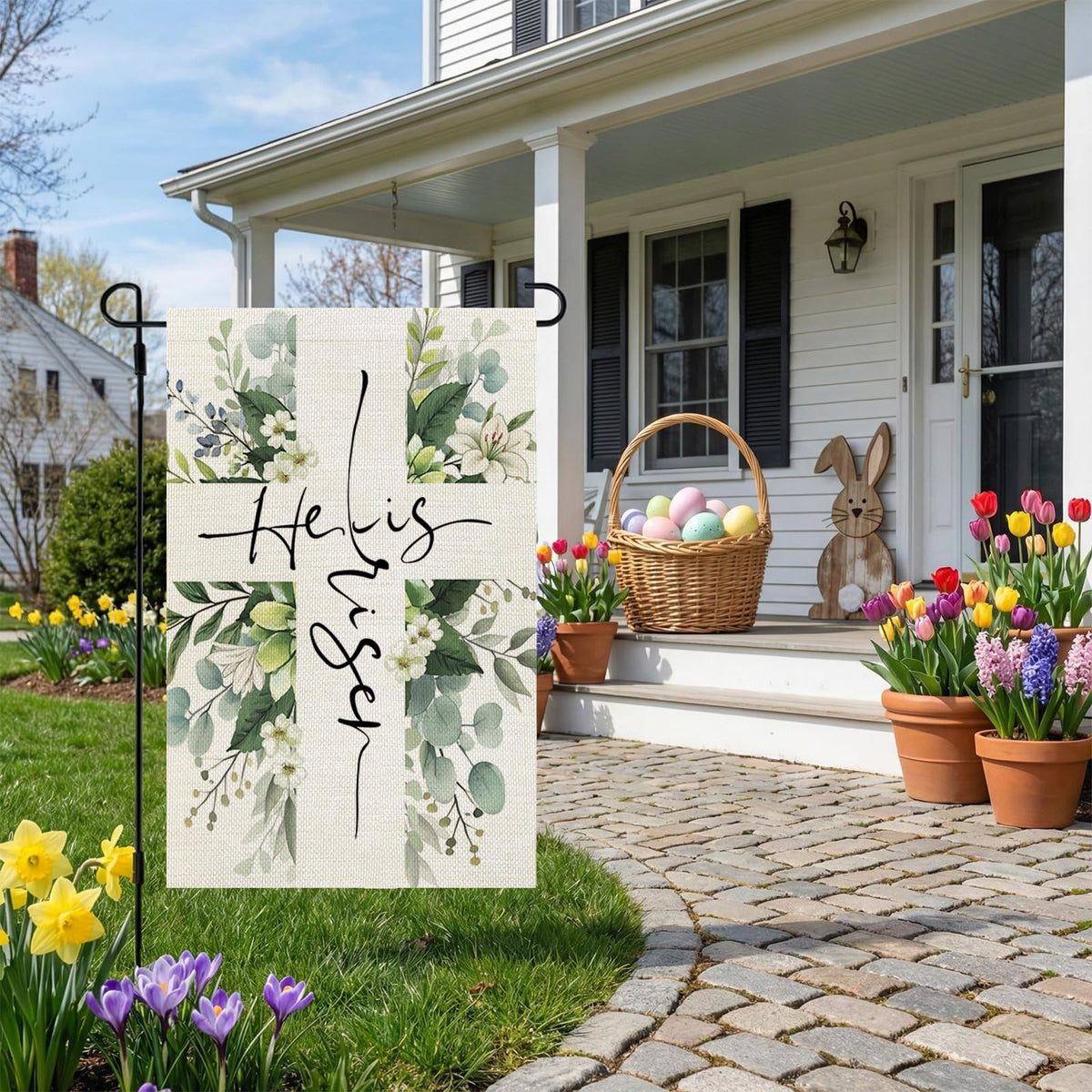 CROWNED BEAUTY Easter flag with bunnies and florals enhancing curb appeal